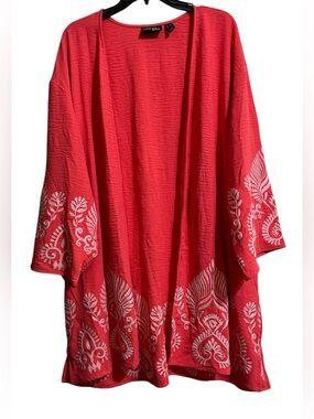 Attitudes By Renee Long Cardigan Duster Coral White Embroidered Kimono 1X